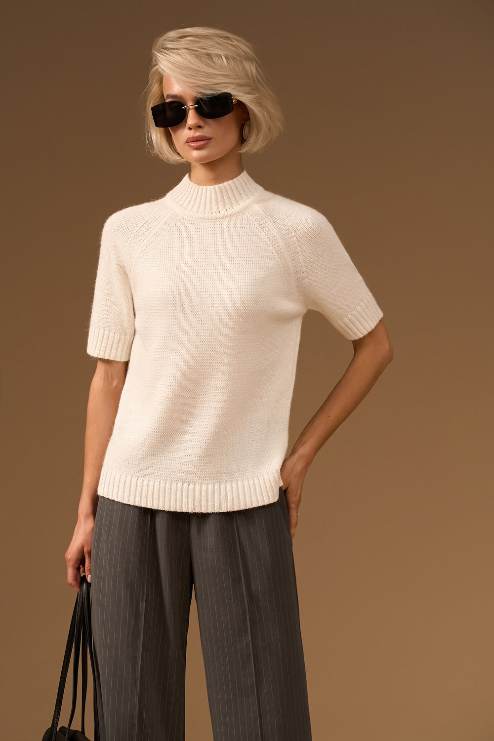 Wool Angora Raglan Mock Neck Short Sleeve Sweater