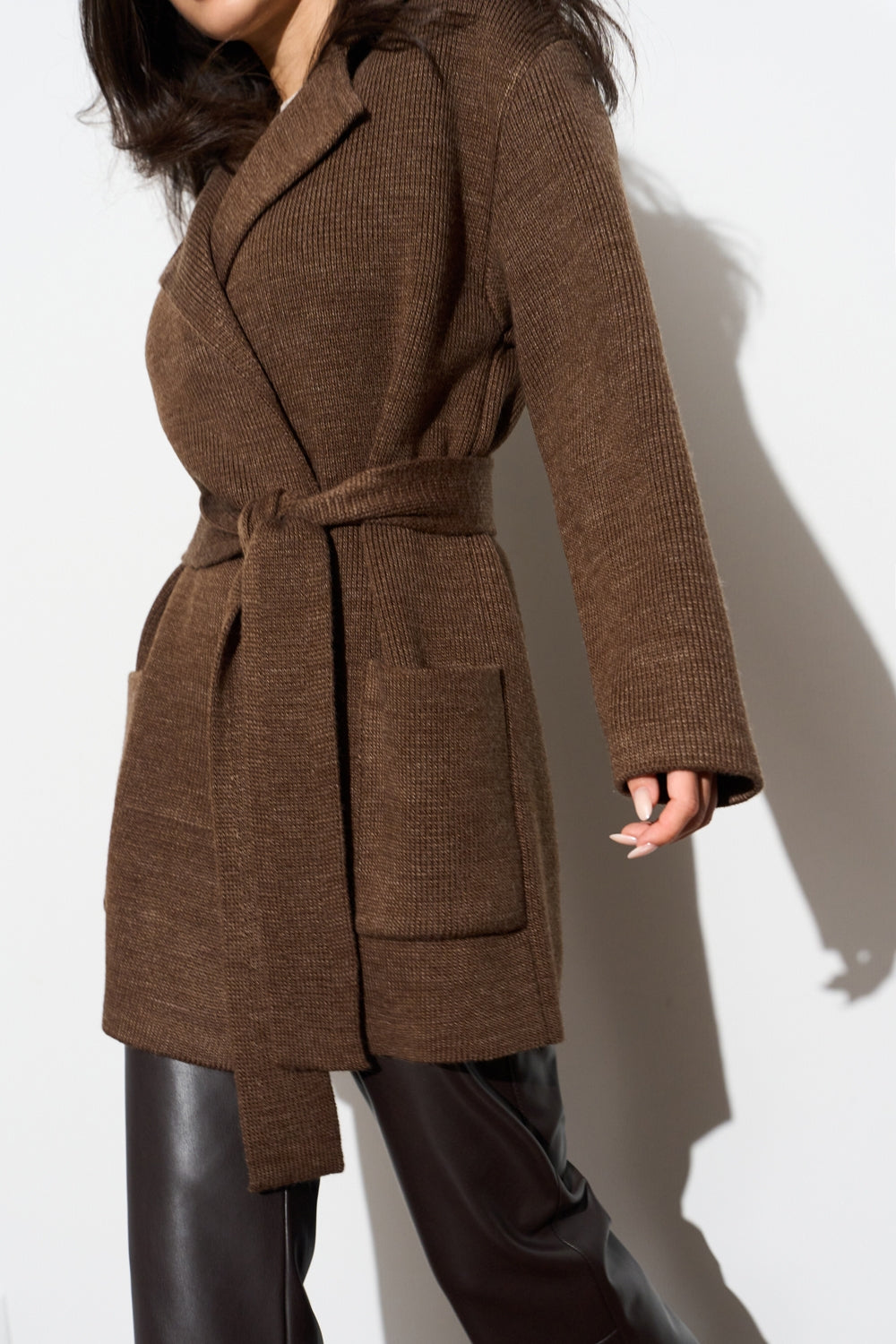 Wool Knit Belted Cardigan Coat with Lapel Collar