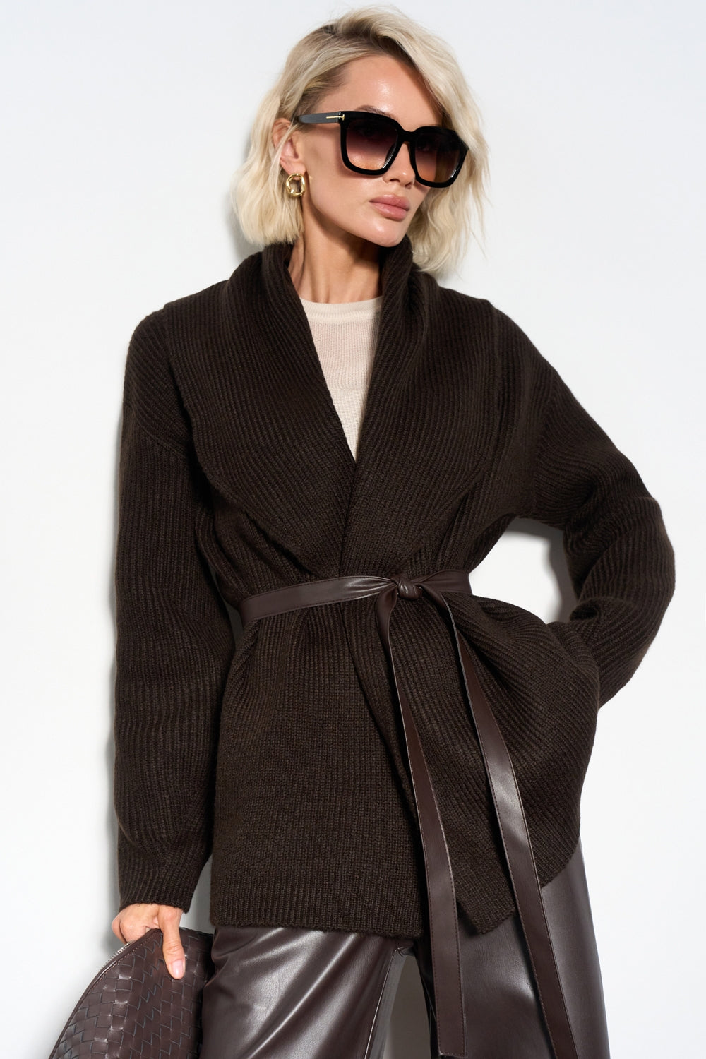 Women’s Alpaca Wool Ribbed Wrap Cardigan with Wide Shawl Collar