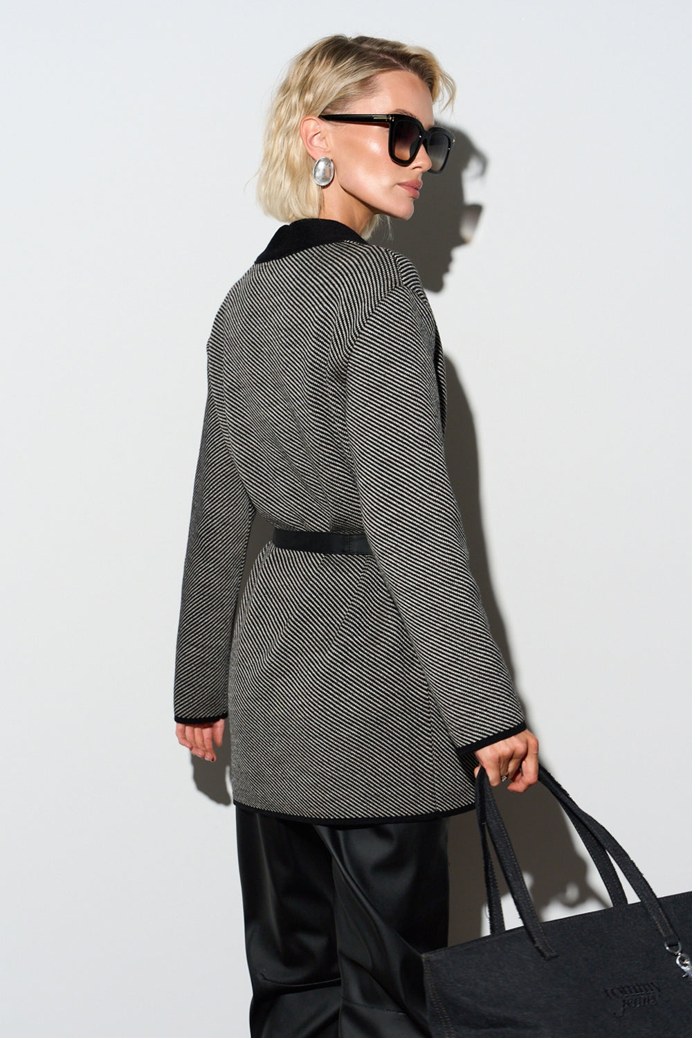 Women’s Wool Knit Wrap Cardigan with Wide Belt and Contrast Trim