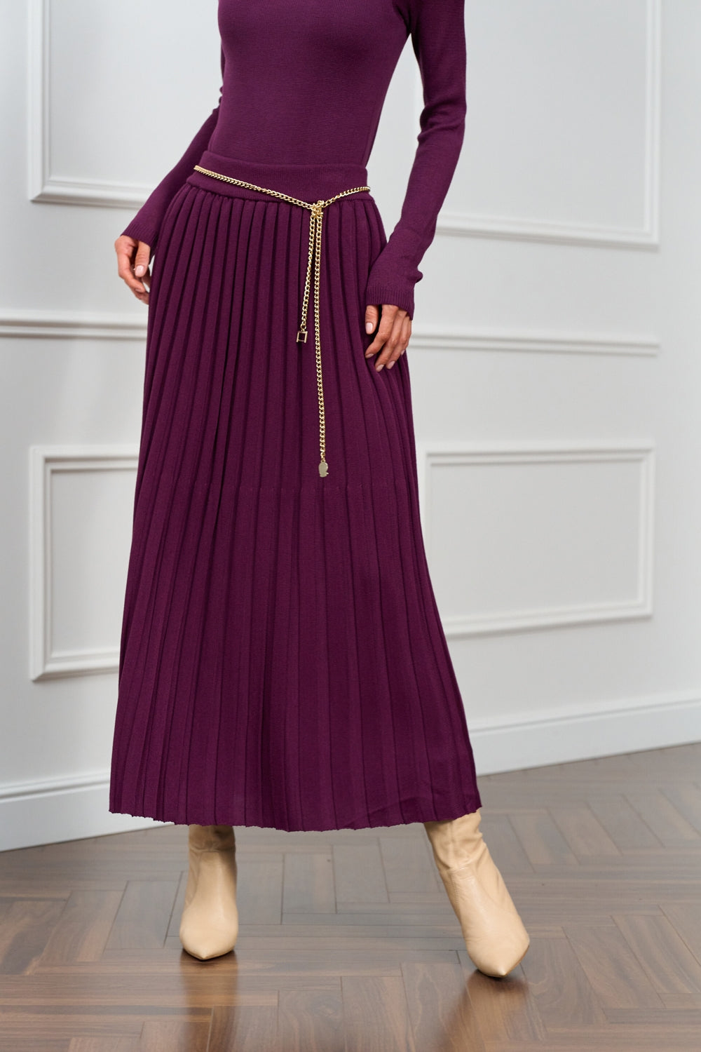 Cotton Knit Pleated Midi Skirt