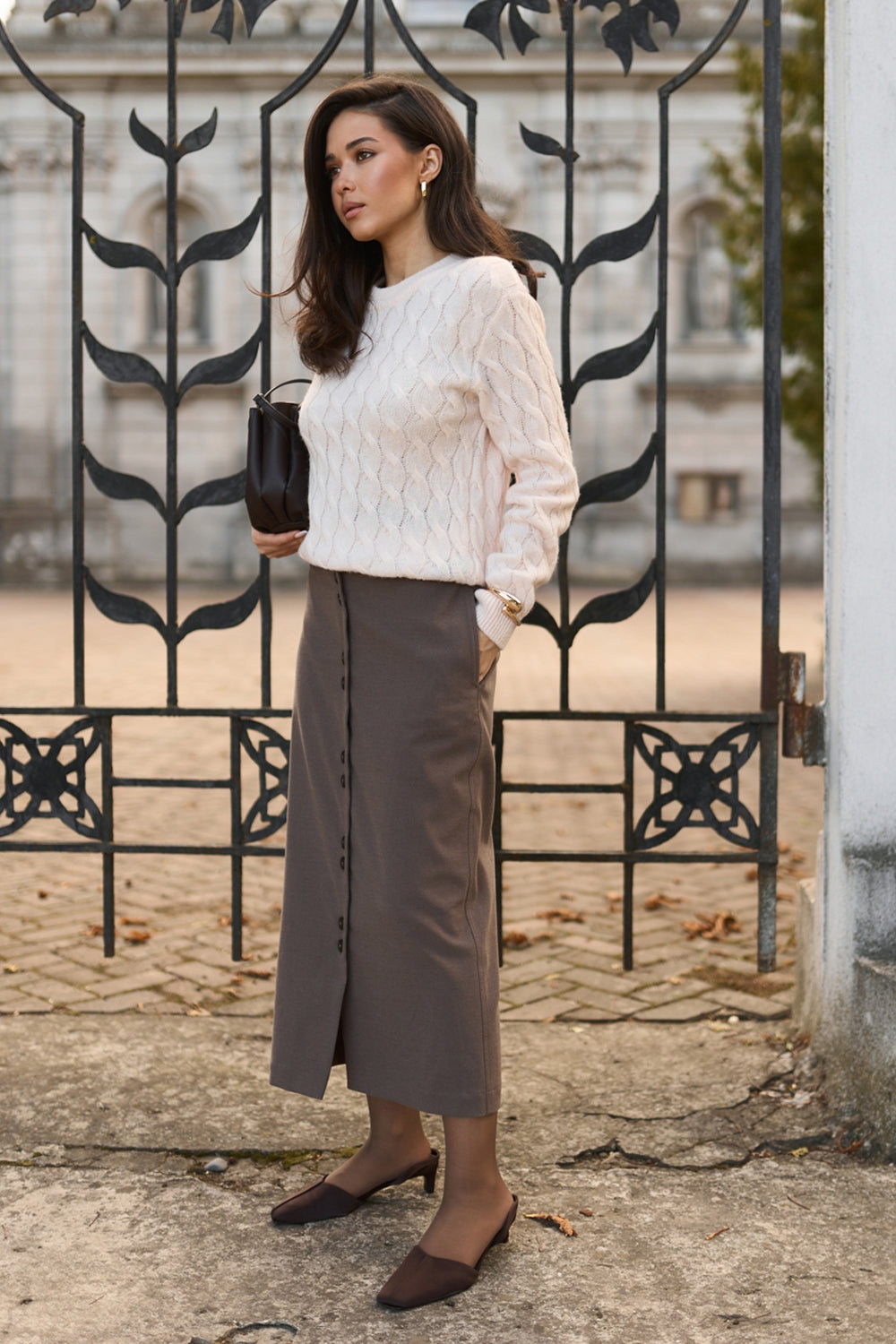 Women’s Wool Midi Skirt Button Front Straight Fit