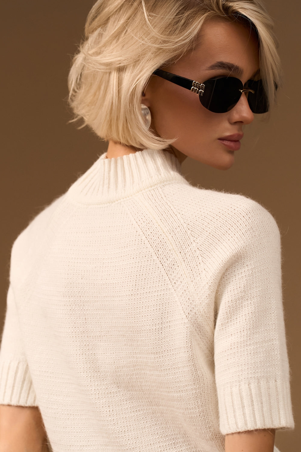 Wool Angora Raglan Mock Neck Short Sleeve Sweater