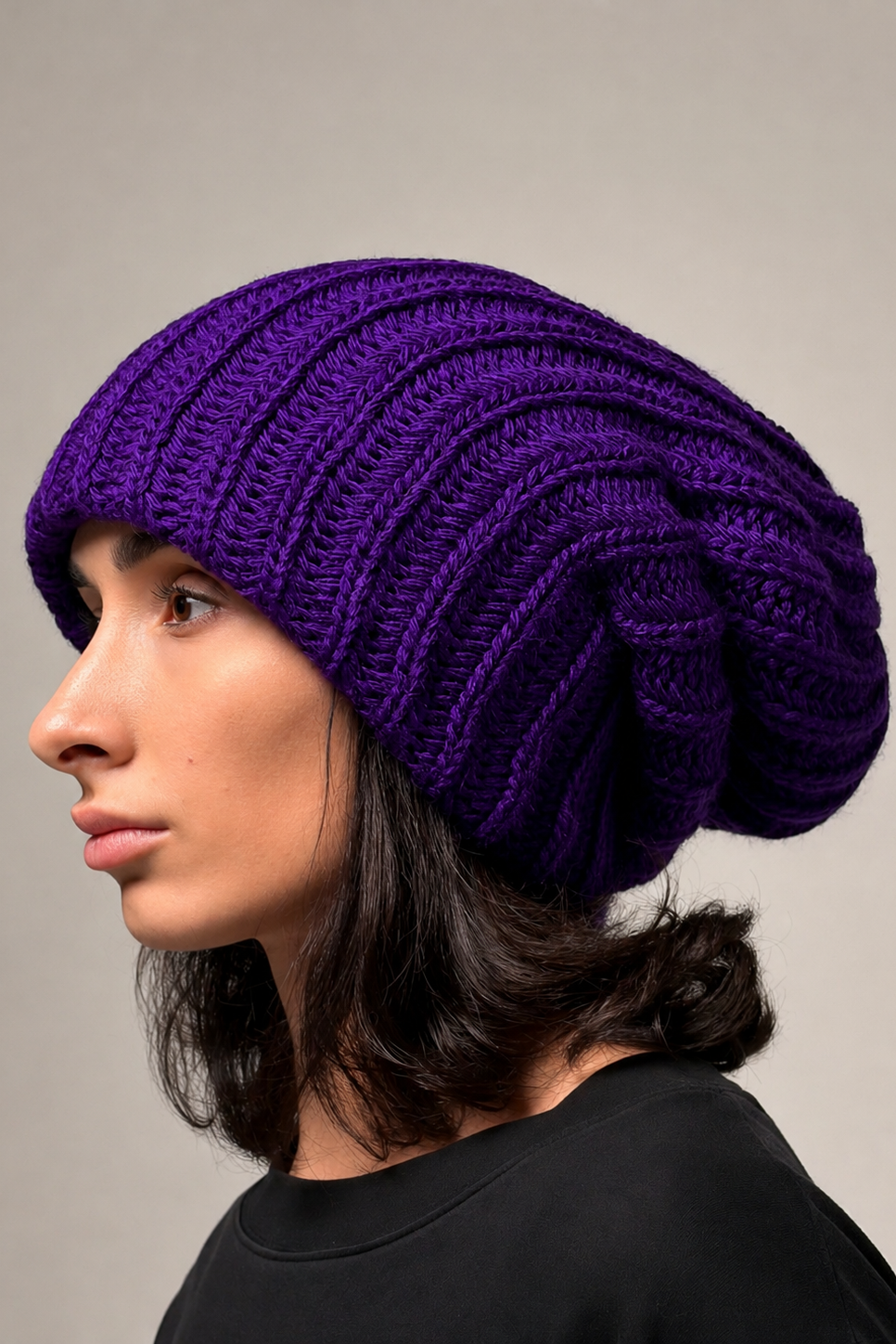 Violet oversized knit beanie with textured chunky construction