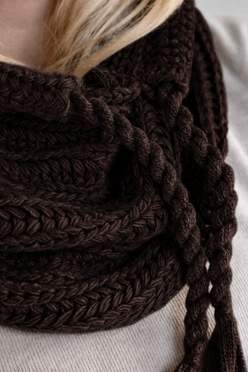 Wool Knit Hooded Scarf With Drawstring, Chocolate