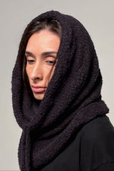 Convertible knit hooded scarf styled as a soft cowl for everyday layering