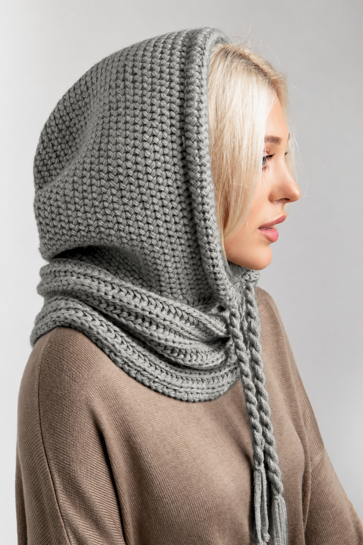 One size fit guide for wool knit hooded scarf with drawstring