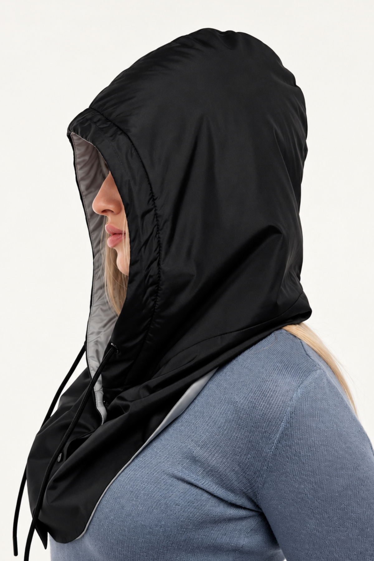 Silver waterproof hooded scarf with satin lining and foldable one-size design