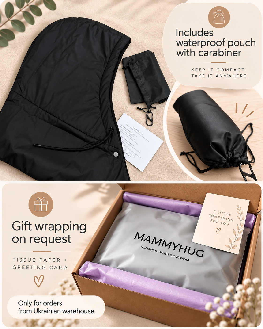 Waterproof hooded scarf with drawstrings