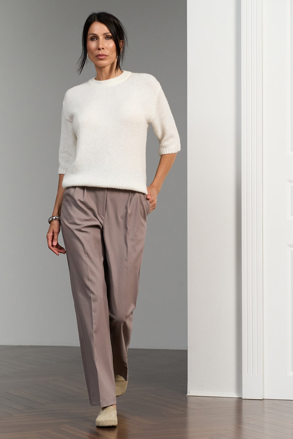 Wool alpaca mohair short sleeve knit sweater with crew neck