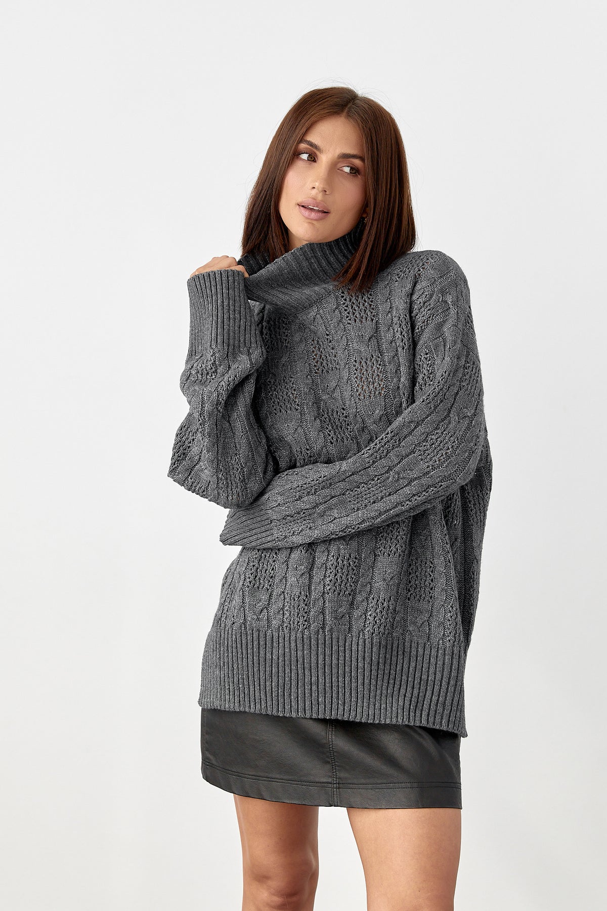 Cable Knit Oversized Turtleneck Sweater, Dark Gray