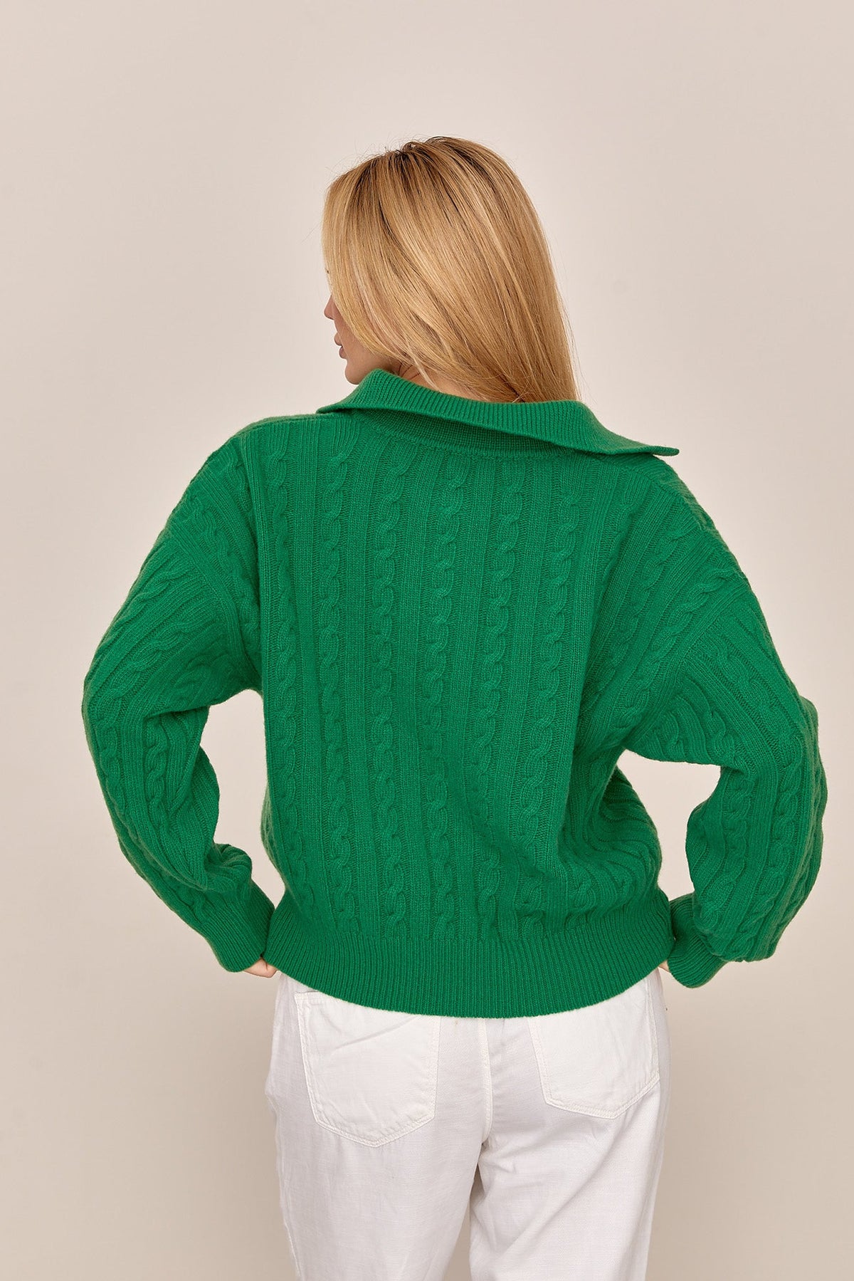 100% Merino Wool Cable Knit Polo Sweater, Green