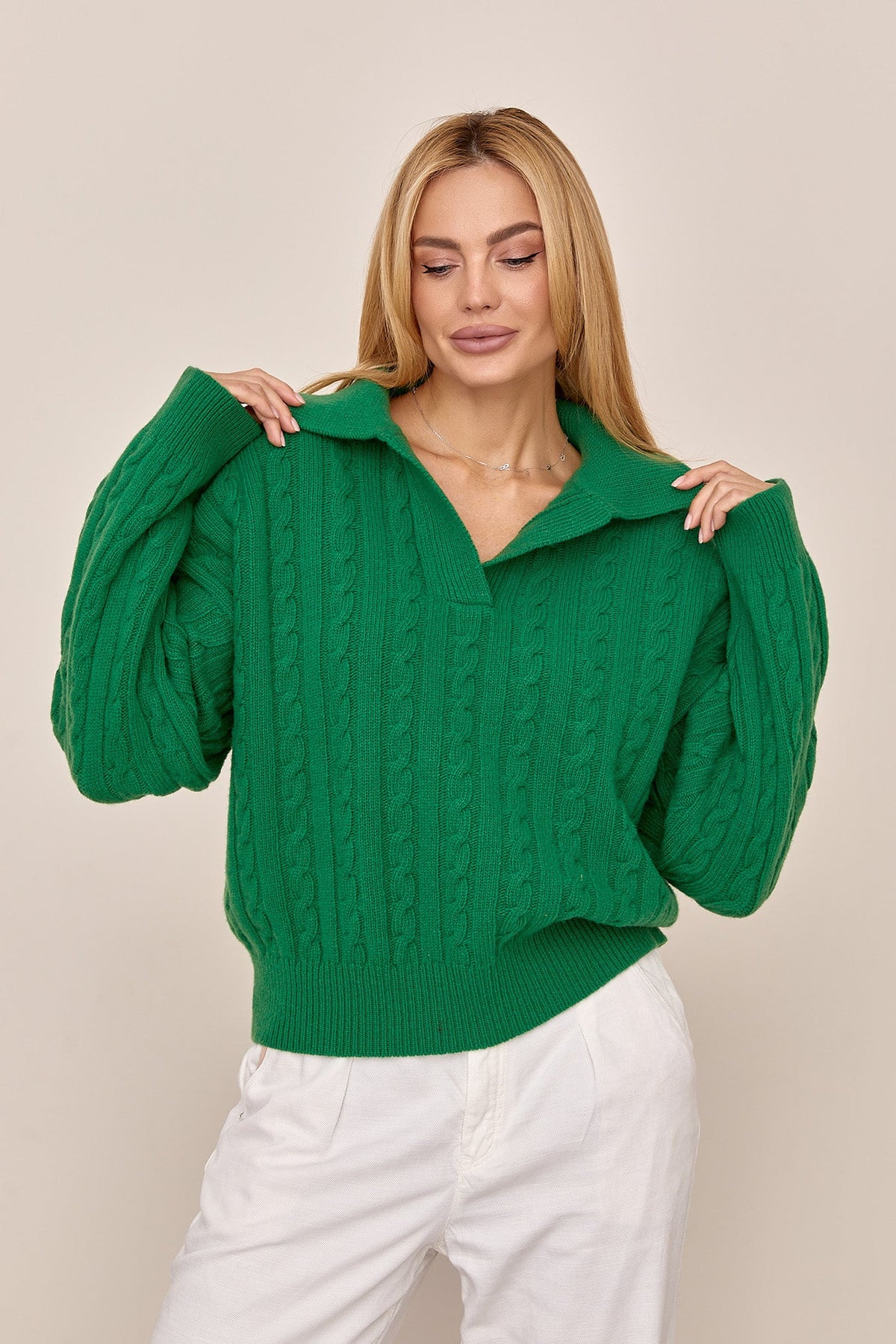 100% Merino Wool Cable Knit Polo Sweater, Green