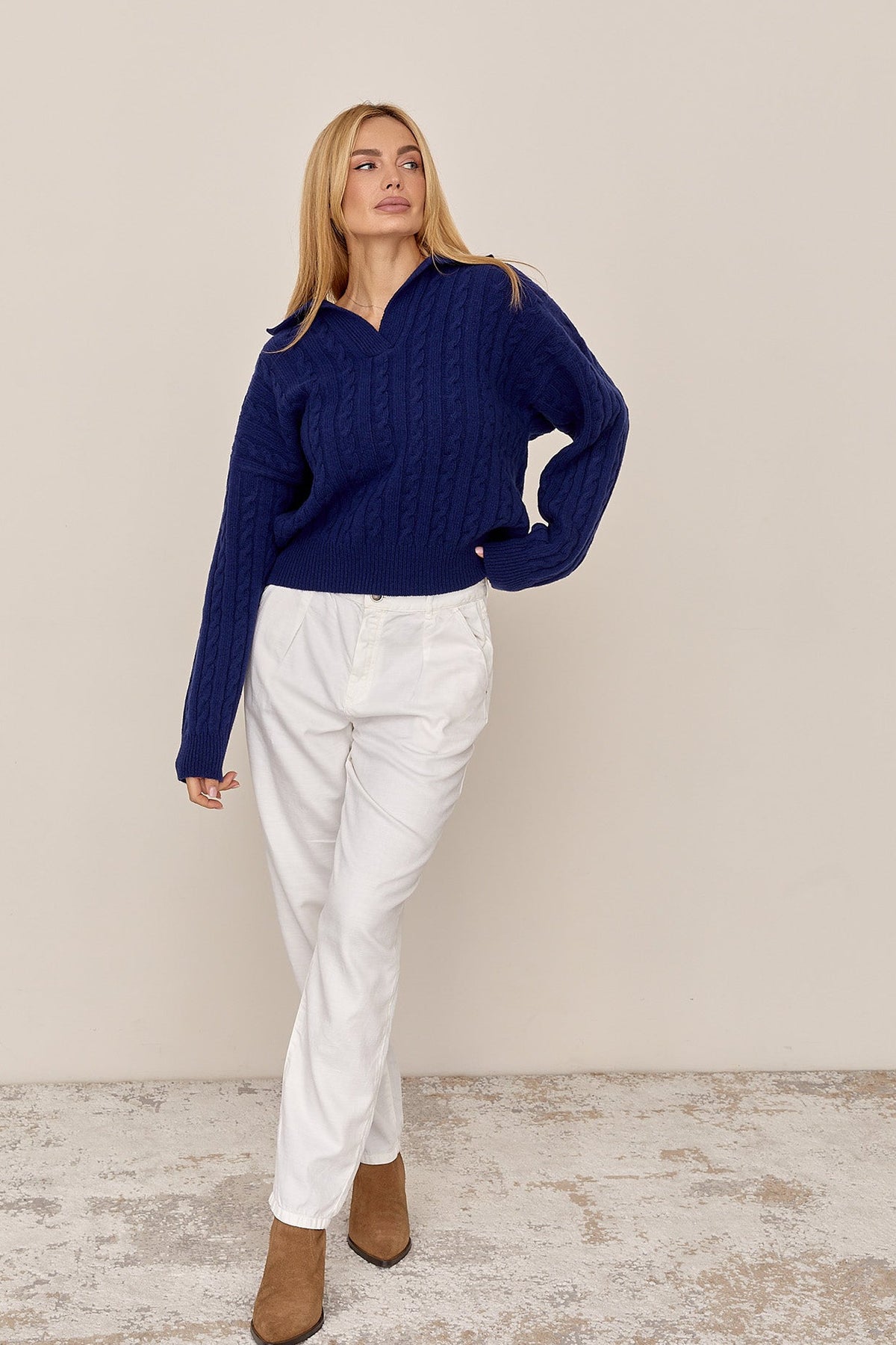 100% Merino Wool Cable Knit Polo Sweater, Navy