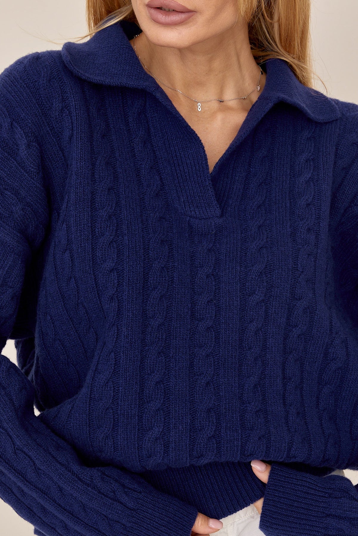 100% Merino Wool Cable Knit Polo Sweater, Navy