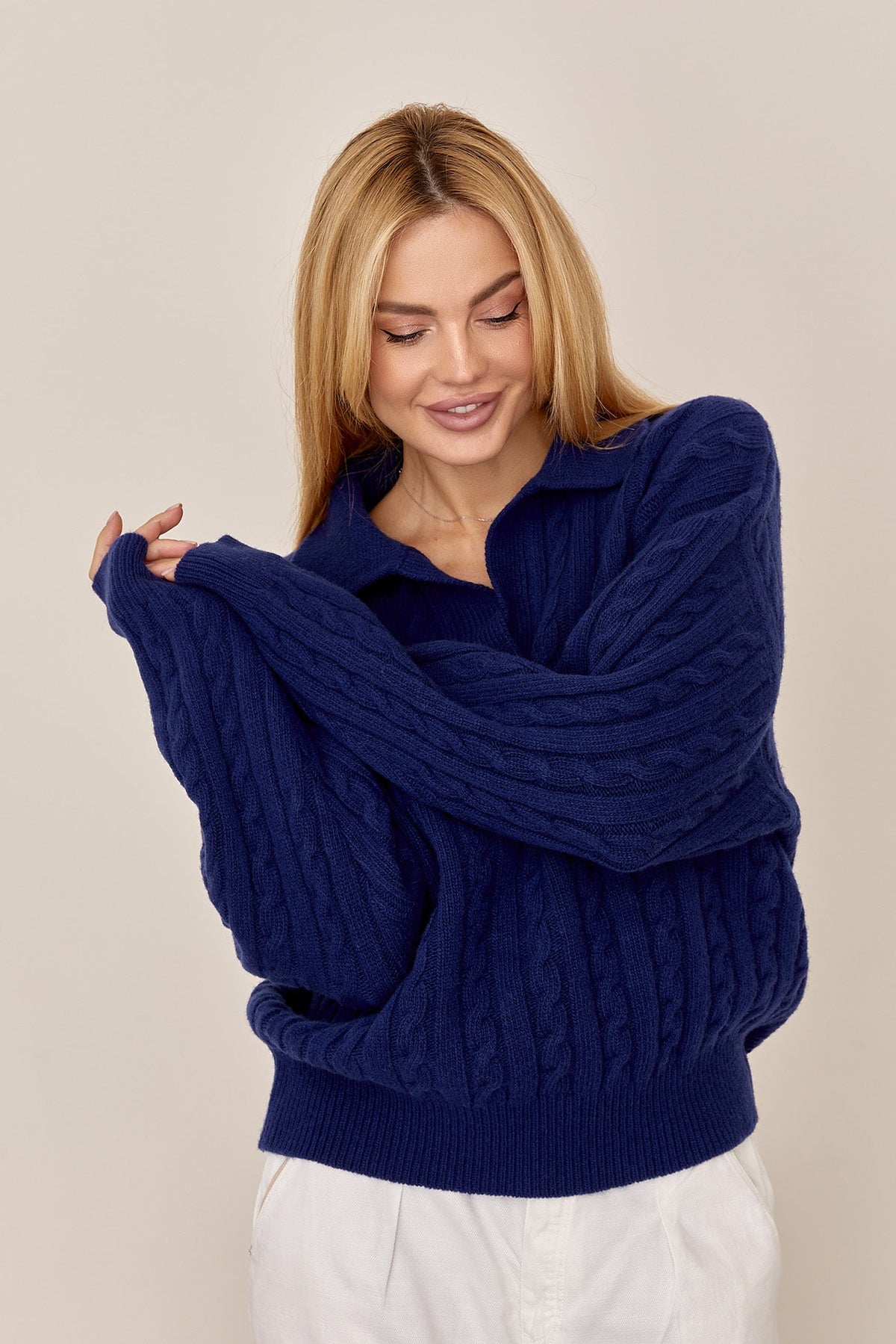 100% Merino Wool Cable Knit Polo Sweater, Navy