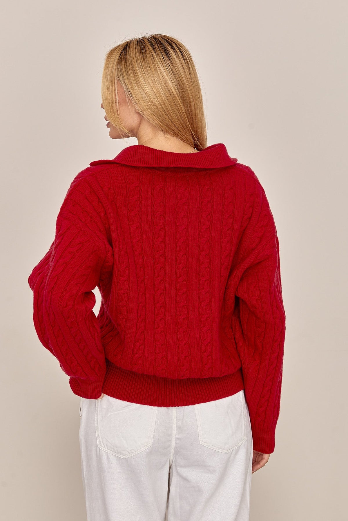 100% Merino Wool Cable Knit Polo Sweater, Red