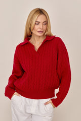 100% Merino Wool Cable Knit Polo Sweater, Red