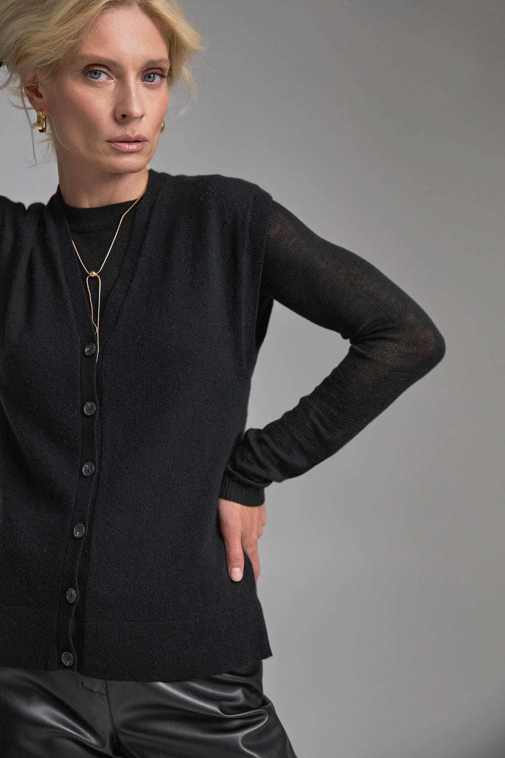 Lambswool Cashmere V-Neck Button Front Vest, Black