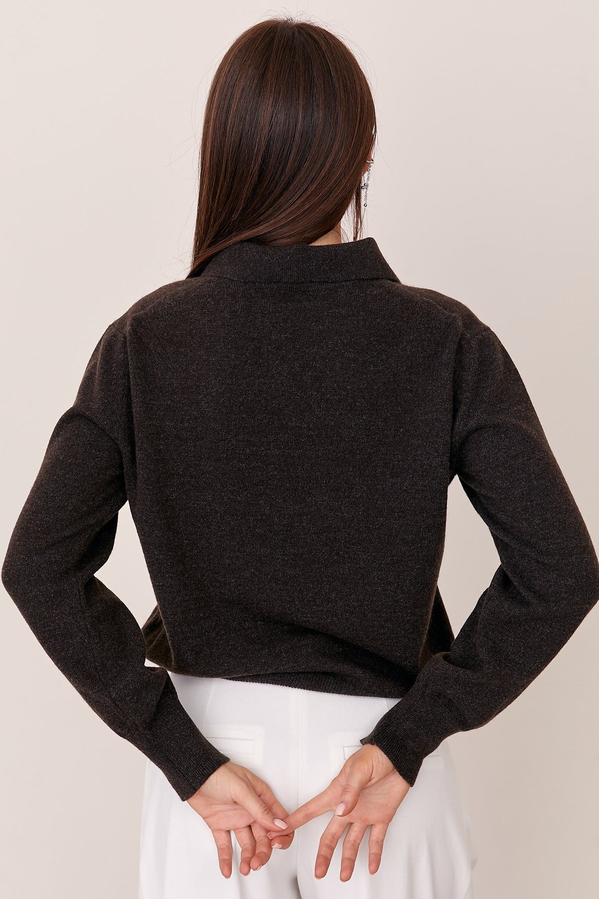 Cashmere Merino Wool Collared Button Cardigan, Bitter Chocolate