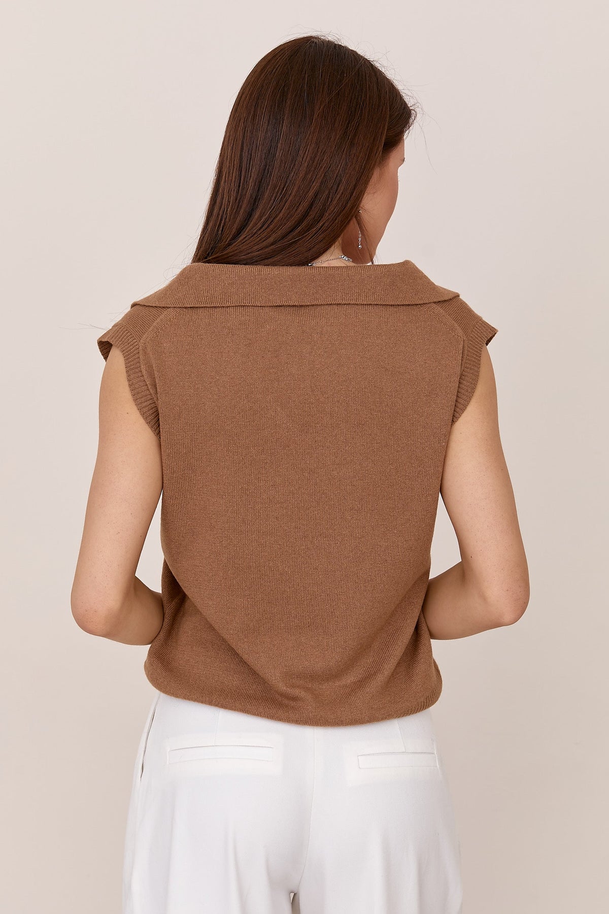 Cashmere Silk Sleeveless Polo Sweater Vest, Camel
