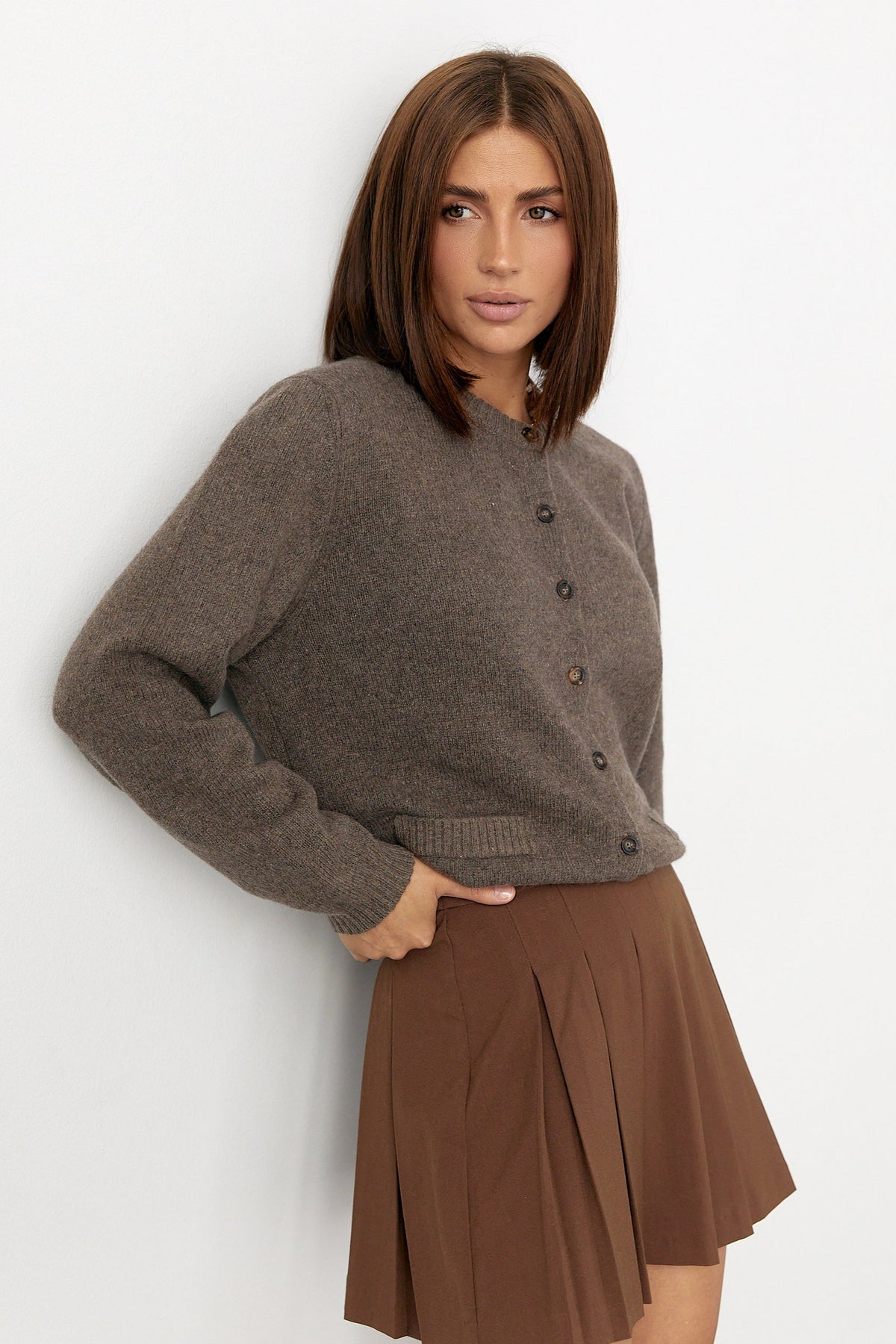 Cashmere Yak Wool Button-Up Cardigan, Charcoal Brown