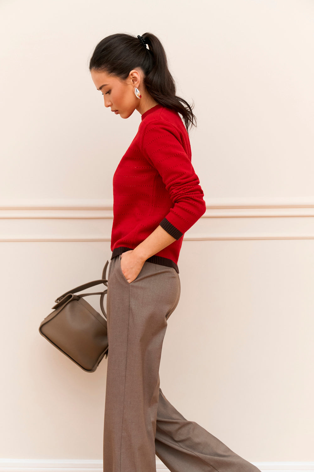 Cotton Bamboo Knit Sweater With Contrast Cuffs, Crimson Red