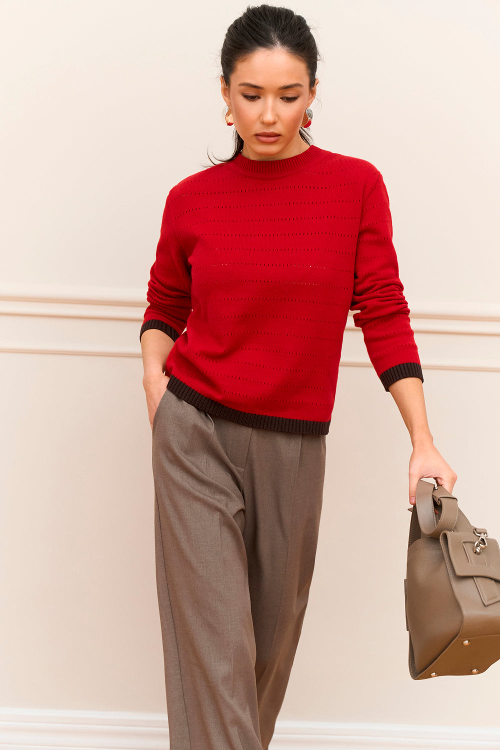 Cotton Bamboo Knit Sweater With Contrast Cuffs, Crimson Red
