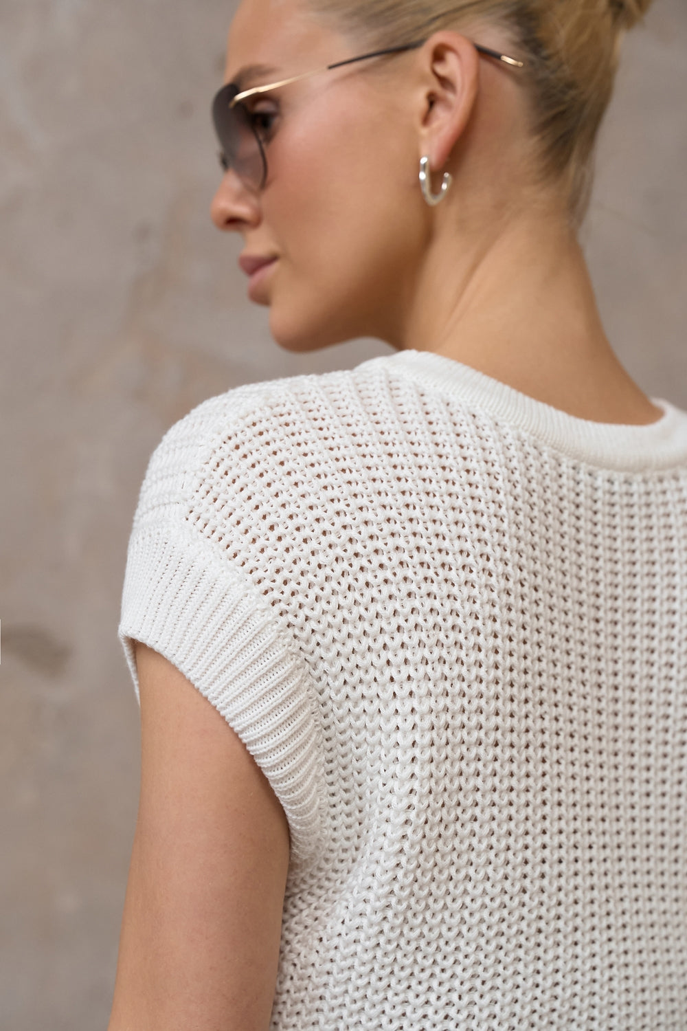 Cotton Textured Open-Knit Short Sleeve Top, Ivory