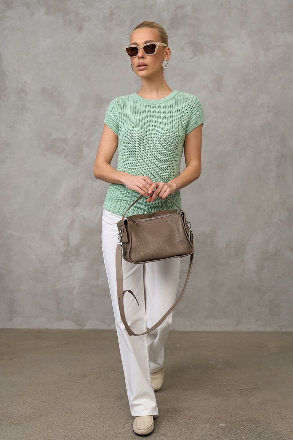 Cotton Textured Open-Knit Short Sleeve Top, Mint Green