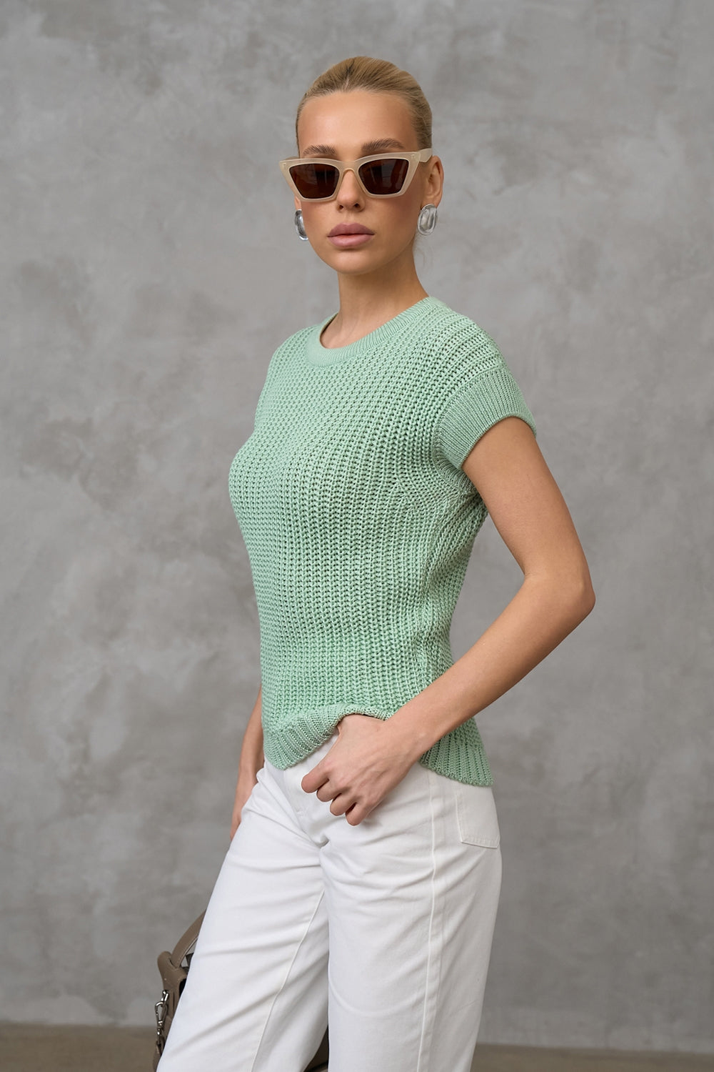 Cotton Textured Open-Knit Short Sleeve Top, Mint Green