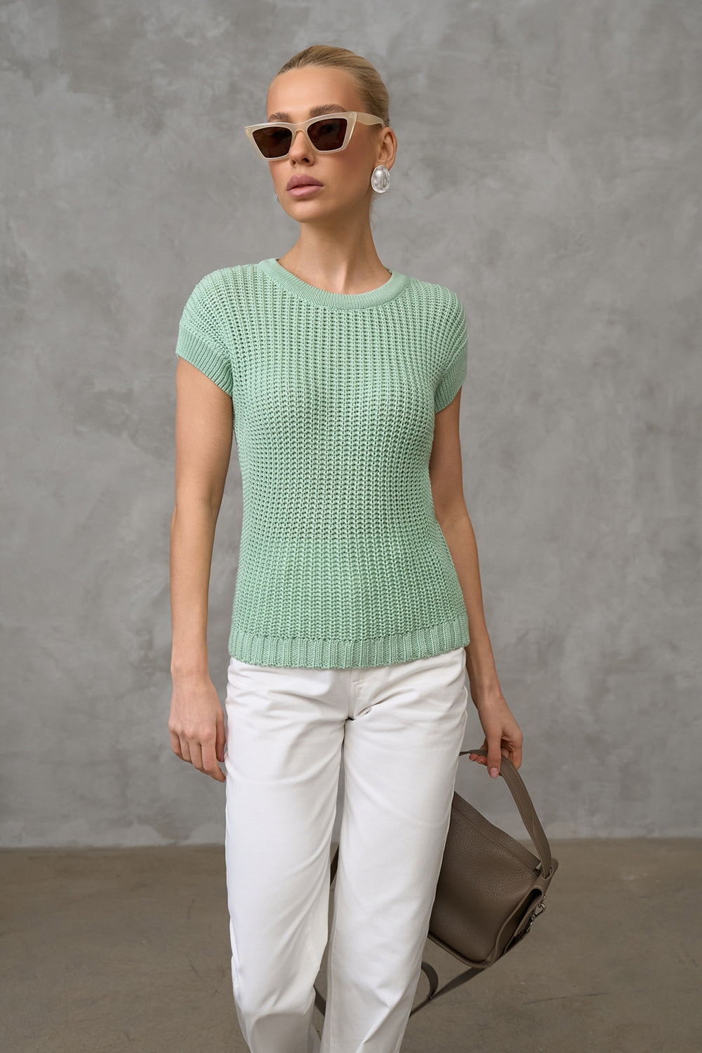 Cotton Textured Open-Knit Short Sleeve Top, Mint Green