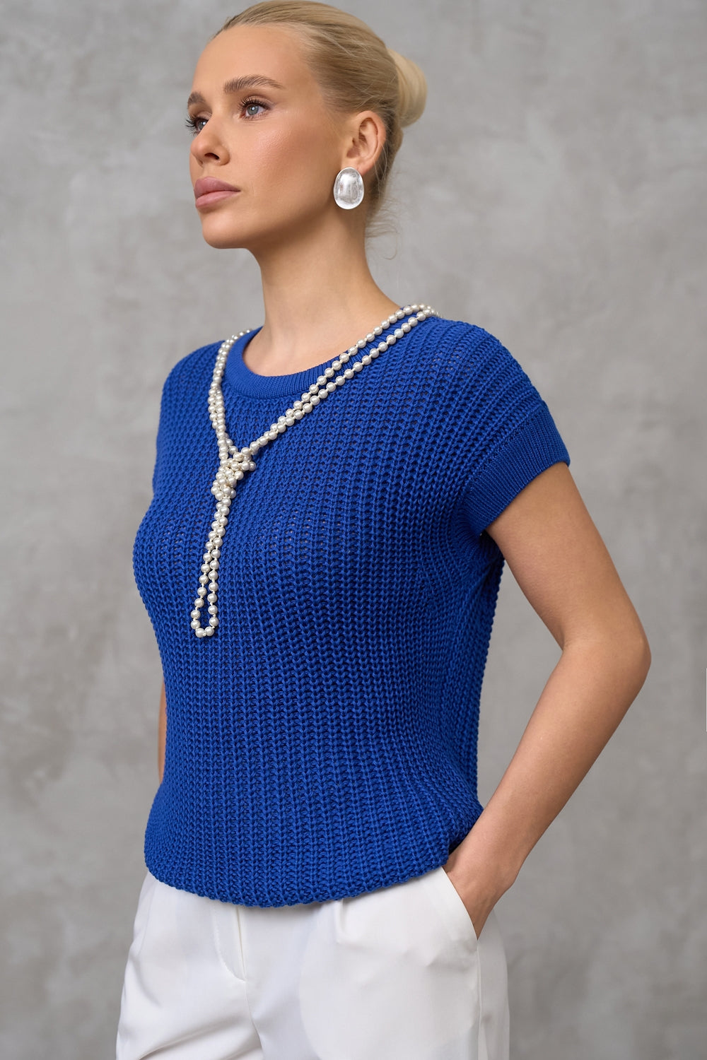 Cotton Textured Open-Knit Short Sleeve Top, Royal Blue