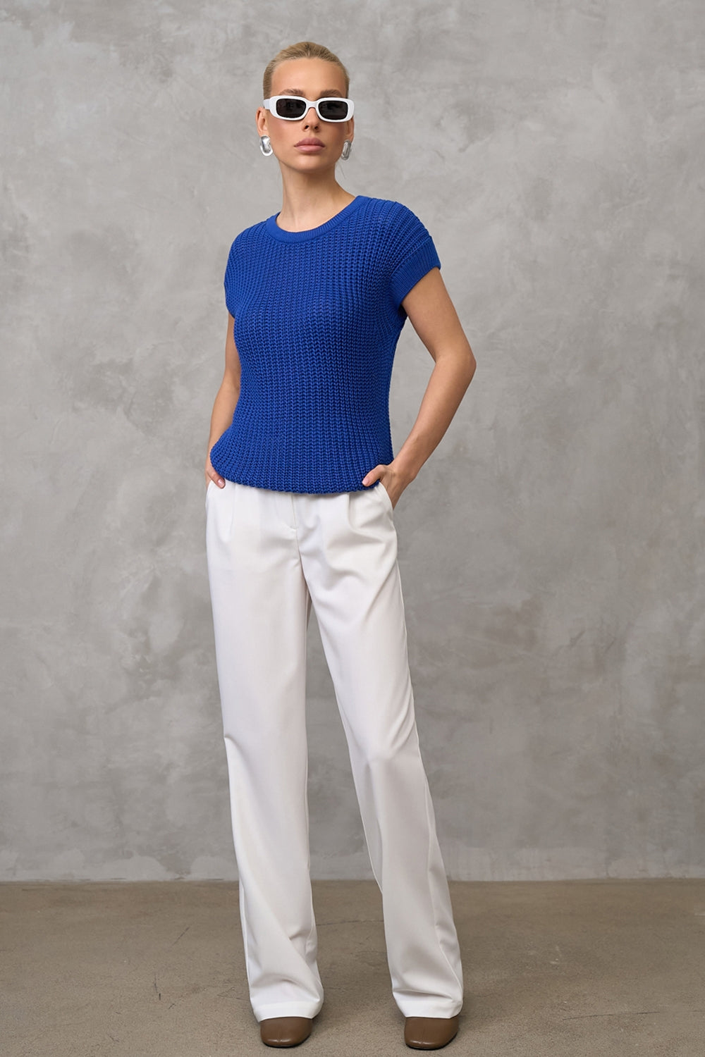 Cotton Textured Open-Knit Short Sleeve Top, Royal Blue