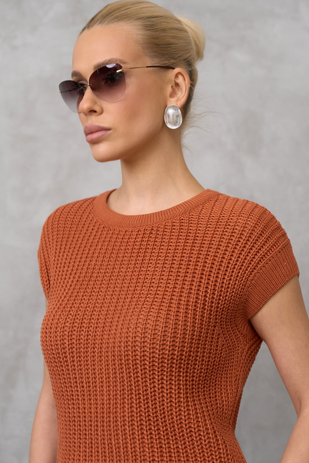 Cotton Textured Open-Knit Short Sleeve Top, Terracotta