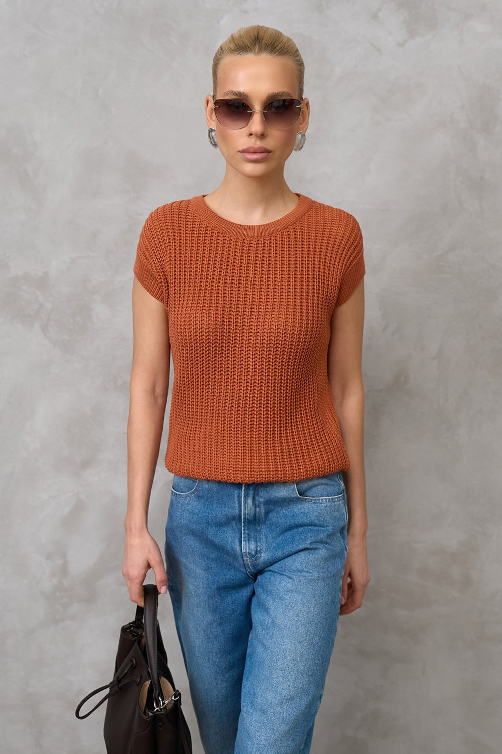 Cotton Textured Open-Knit Short Sleeve Top, Terracotta