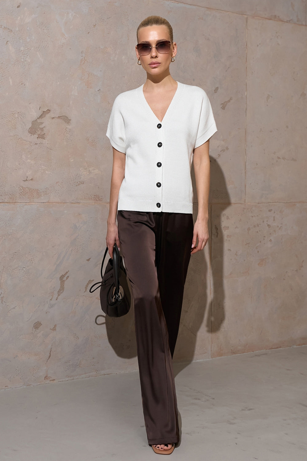Cotton Knit Short Sleeve V-Neck Button-Front Cardigan, Ivory