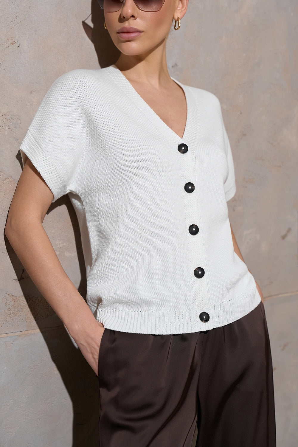 Cotton Knit Short Sleeve V-Neck Button-Front Cardigan, Ivory