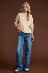Long sleeve giraffe pattern knit sweater with dropped shoulders