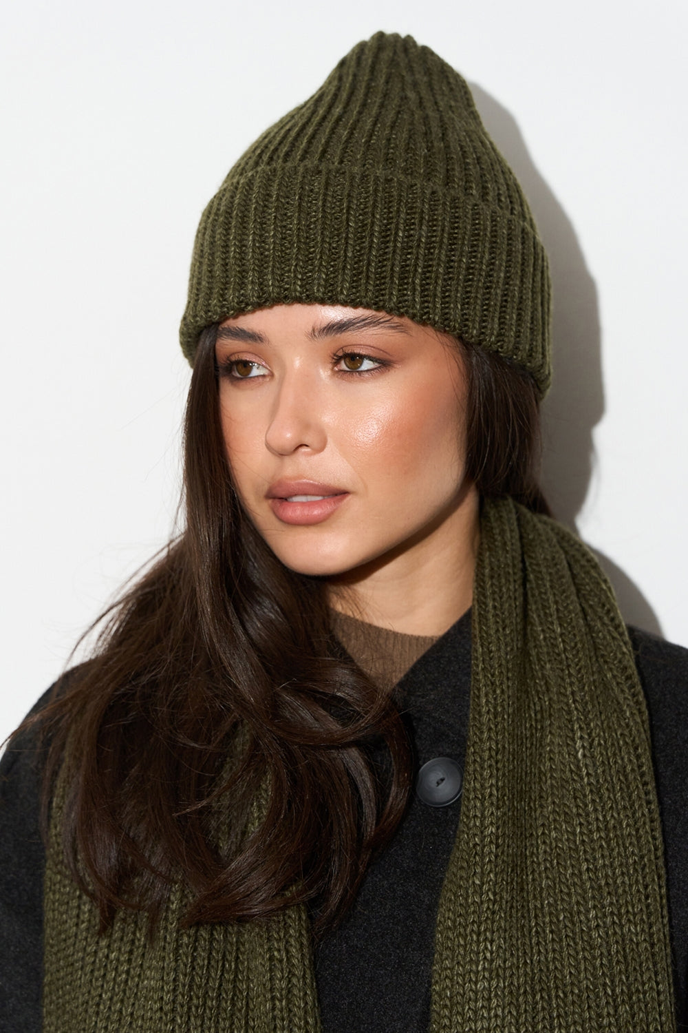 Chunky Wool Knit Beanie Hat, Dark Olive