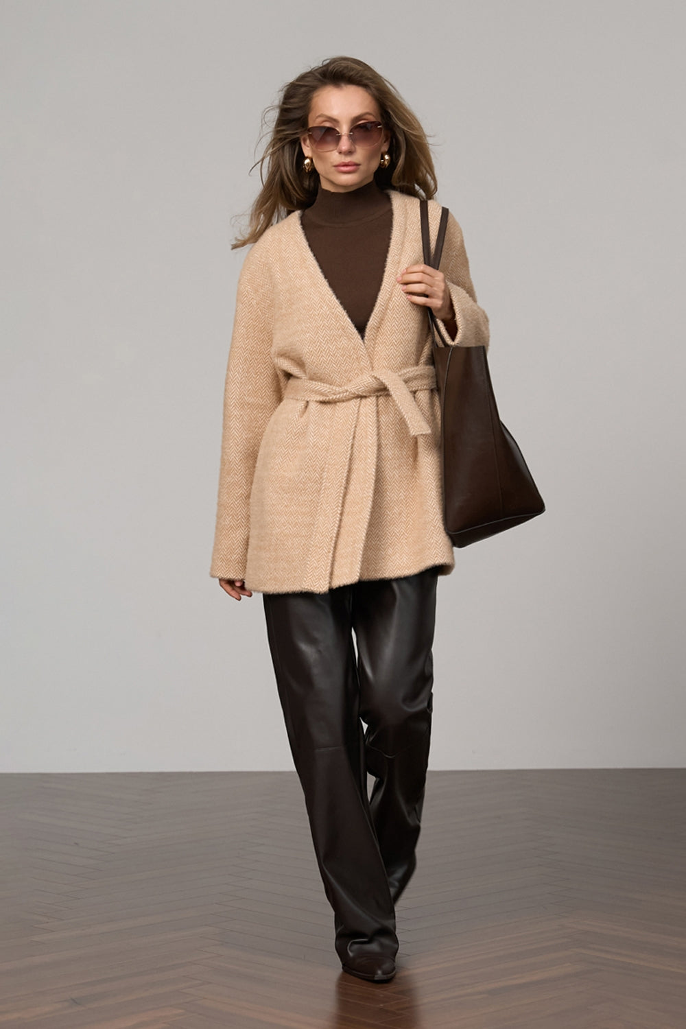 Knit Half Coat with Belt, Sand Beige
