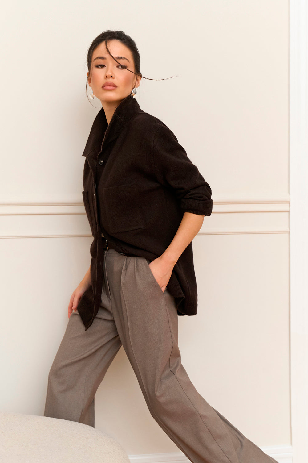 Merino Wool Mohair Knit Shirt Cardigan, Bitter Chocolate