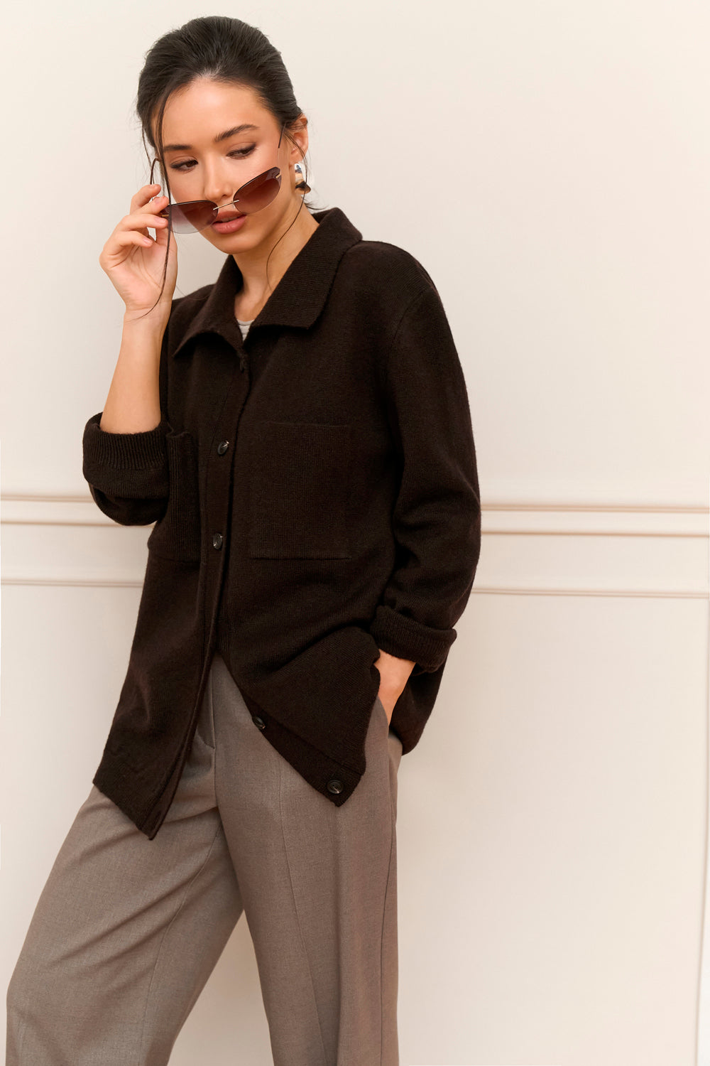 Merino Wool Mohair Knit Shirt Cardigan, Bitter Chocolate