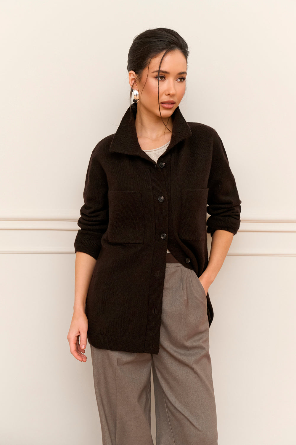 Merino Wool Mohair Knit Shirt Cardigan, Bitter Chocolate