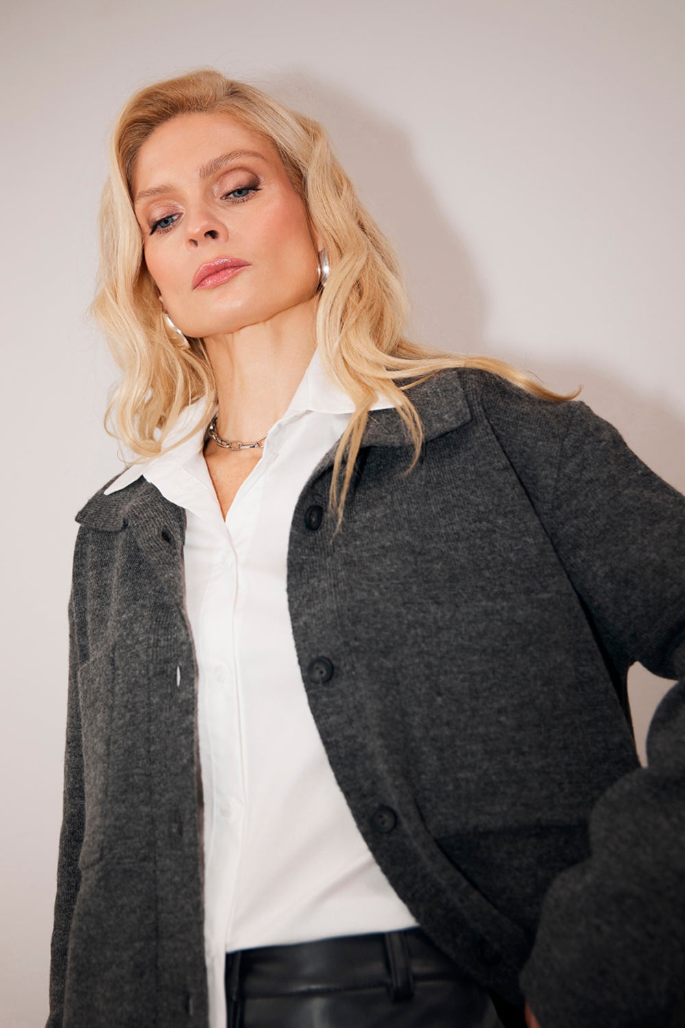 Merino Wool Mohair Knit Shirt Cardigan, Dark Gray