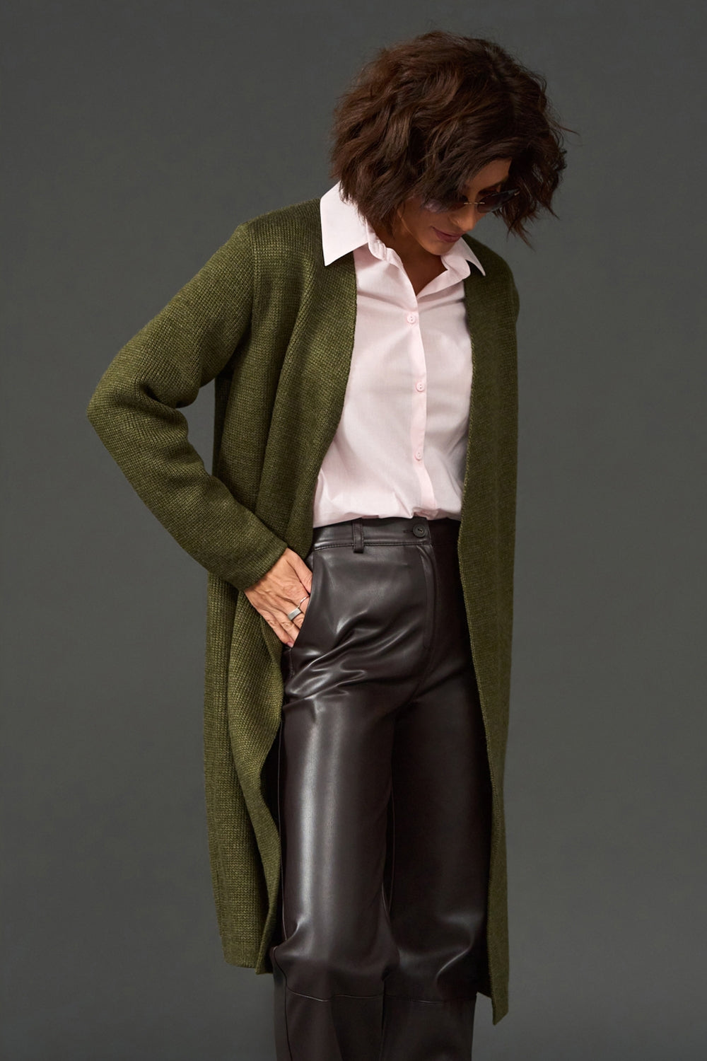 Long Wool Knit Wrap Cardigan with Faux Leather Belt