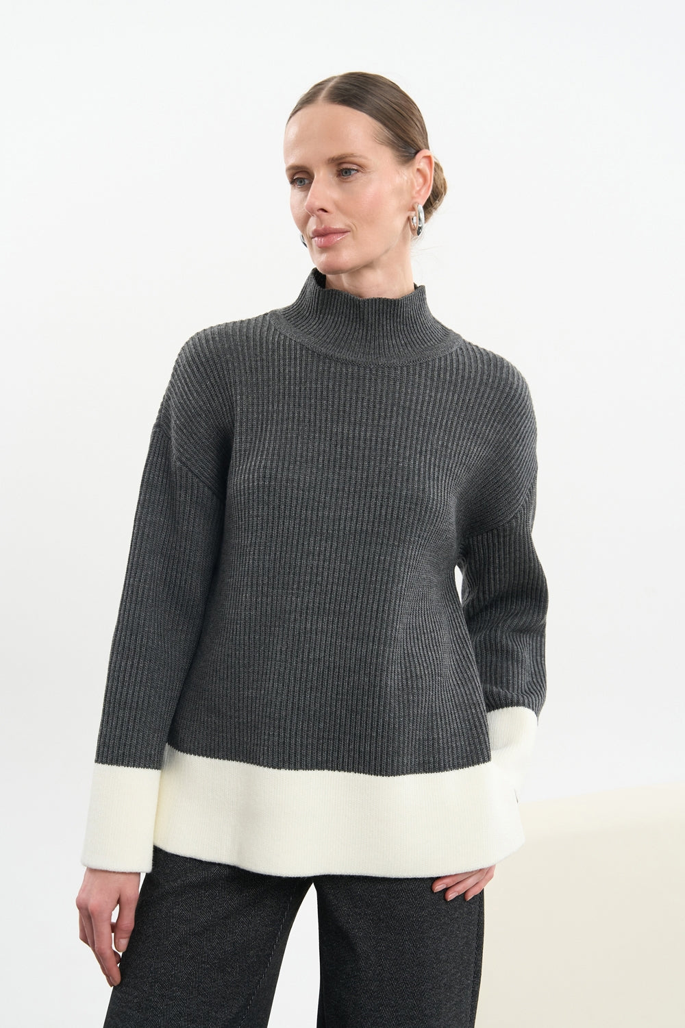 Long Wool Turtleneck Sweater with Contrast Details, Dark Gray