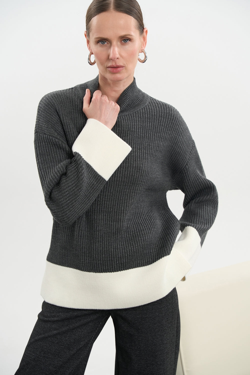 Long Wool Turtleneck Sweater with Contrast Details, Dark Gray