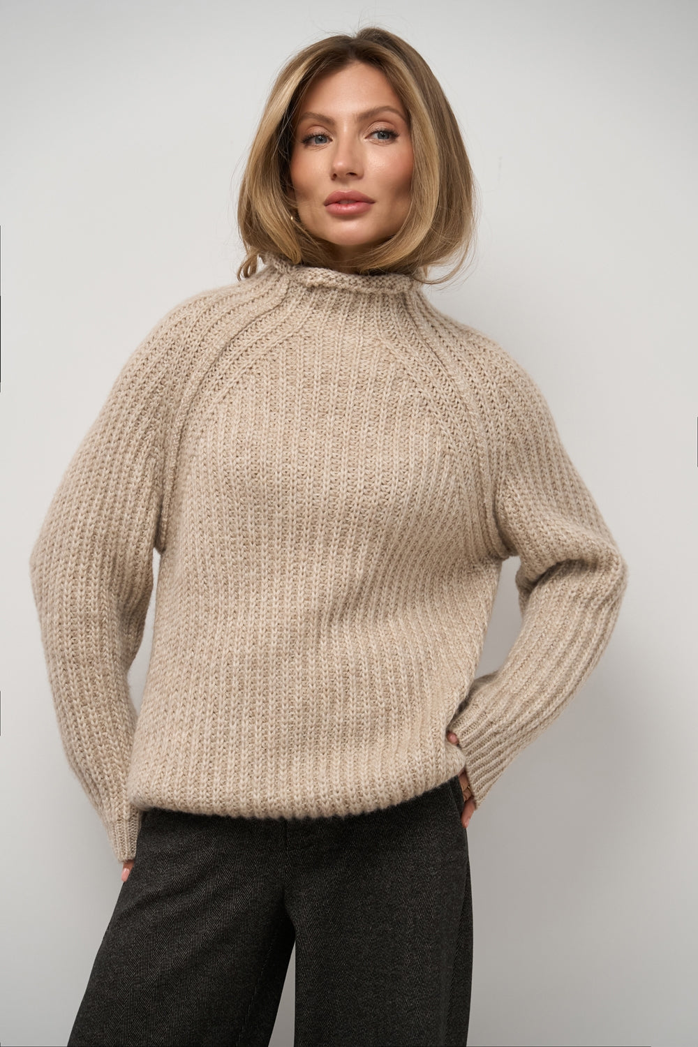 Merino Alpaca Mock Neck Raglan Sweater, Linen Beige