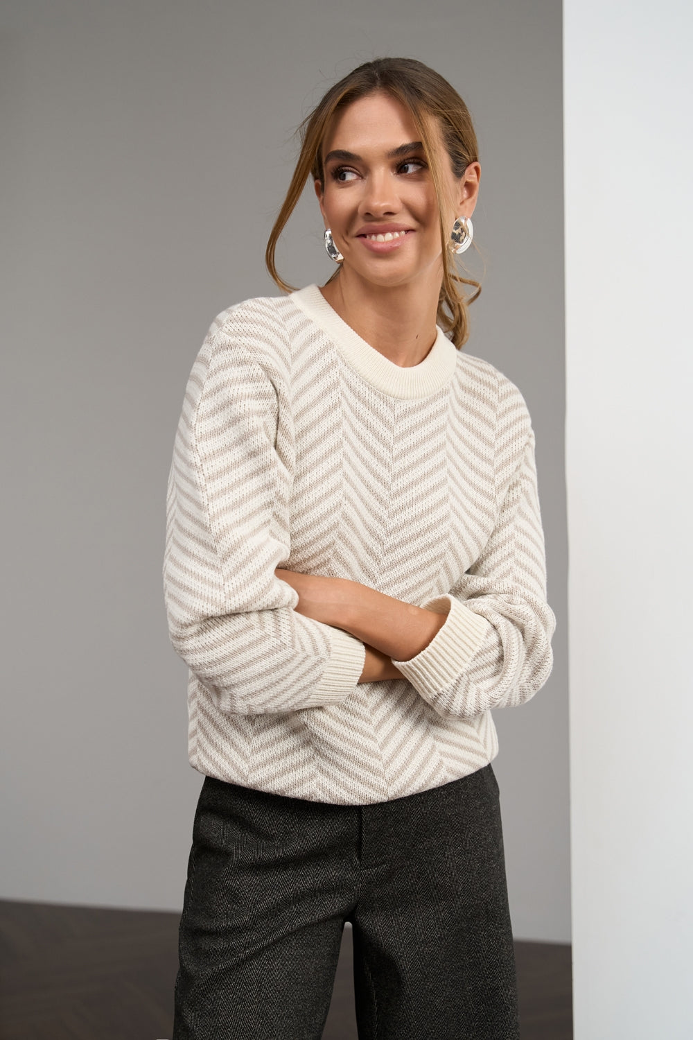 Merino Alpaca Wool Sweater with Textured Knit, Ivory Chevron